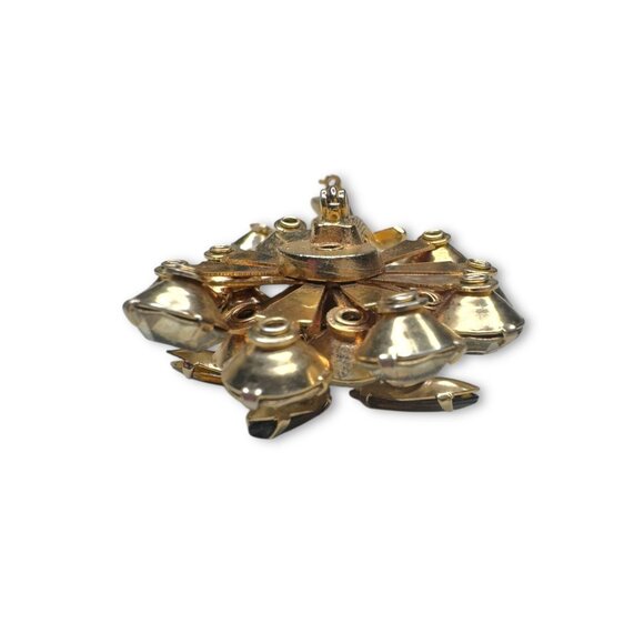 Unsigned Brown Clear Crystal Layered Glass Gold Flower Brooch - Picture 5 of 11